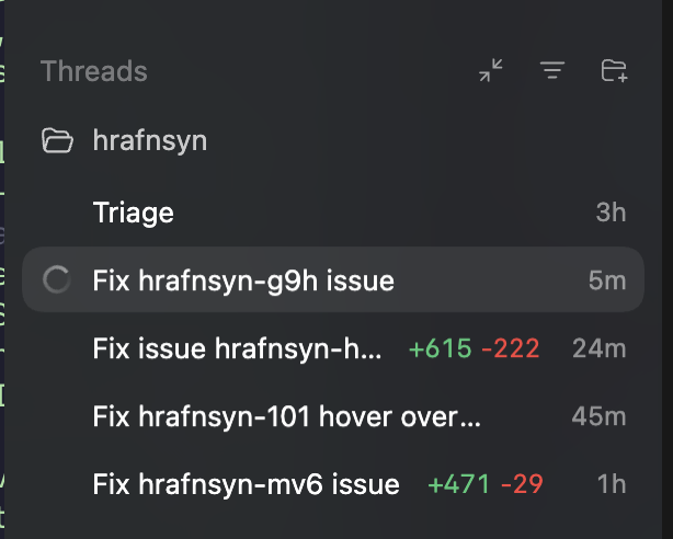 Codex app sidebar with triage, fix, and research threads